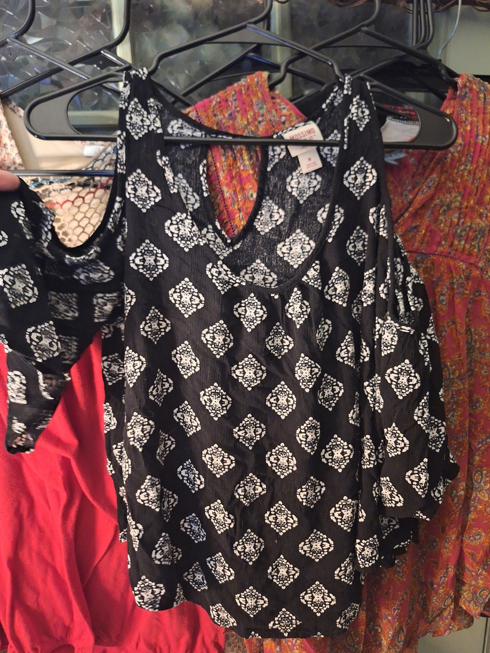 Mossimo Supply Co. Black Cold-Shoulder Medallion Print Blouse